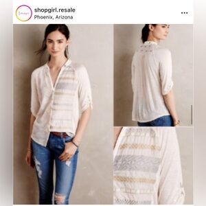 Anthropologie Shirt Tiny Willa Cream Metallic Embroidery Top tee Maeve Pilcro‎